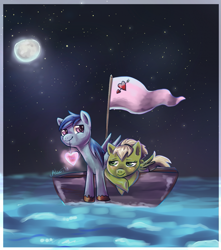 Size: 907x1024 | Tagged: safe, artist:avui, oc, oc only, oc:ossie, oc:tornadotwist, earth pony, pony, boat, couple, heart, moon, night, sailing