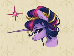 Size: 1982x1500 | Tagged: safe, artist:shore2020, twilight sparkle, pony, alternate hairstyle, bust, crown, cute, cutie mark, ear piercing, earring, female, hair accessory, hair bun, horn, horn jewelry, jewelry, looking at you, mare, piercing, portrait, profile, regal, regalia, solo, twiabetes