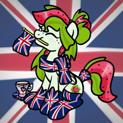 Size: 2100x2100 | Tagged: safe, artist:sjart117, oc, oc only, oc:watermelana, pegasus, pony, blushing, britain, british, clothes, coaster, cup, england, eyes closed, female, flag, food, freckles, happy, mare, mouth hold, patriotic, patriotism, scarf, shoes, sitting, socks, solo, tea, teabag, teacup, union jack, united kingdom