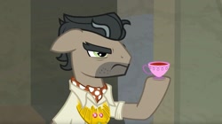 Size: 1677x942 | Tagged: safe, edit, edited screencap, screencap, doctor caballeron, earth pony, pony, daring doubt, caballeron's item, cup, floppy ears, food, frown, male, solo, stallion, tea, teacup, truth talisman, unamused