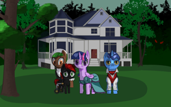 Size: 1530x957 | Tagged: safe, artist:zettaidullahan, night light, twilight sparkle, twilight sparkle (alicorn), oc, alicorn, earth pony, pony, unicorn, building, clothes, colt, dress, earth pony oc, fanfic art, female, house, maid, male, mare, smiling, stallion, tree, wheelchair, worried