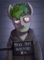 Size: 1440x1980 | Tagged: safe, artist:frankier77, oc, oc:doctor atom, unicorn, clothes, edgy, hoodie, male, mugshot, red eyes, reference, rick and morty, solo, stallion