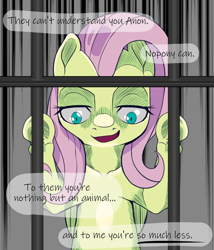 Size: 720x840 | Tagged: safe, artist:zettaidullahan, fluttershy, pegasus, pony, bedroom eyes, cage, degradation, female, femdom, flutterdom, implied anon, looking down, mare, offscreen character, open mouth, pov, smiling, smirk, solo, speech, submissive pov, underhoof