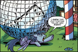 Size: 1590x1078 | Tagged: safe, artist:pencils, idw, oc, oc:sky shatter, pegasus, pony, spoiler:comic, spoiler:comic69, context is for the weak, cropped, disco ball, eyes closed, male, random pony, speech bubble, stallion, trapped
