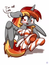 Size: 1600x2134 | Tagged: safe, artist:kimjoman, oc, oc only, alicorn, blatant lies, blushing, clothes, commission, cute, dialogue, female, high res, i'm not cute, mare, ocbetes, simple background, socks, solo, speech bubble, striped socks, white background