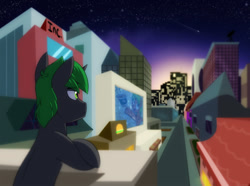 Size: 1036x771 | Tagged: safe, artist:chub-wub, oc, oc:doctor atom, city, horizon, lights, male, night, scenery, solo, stallion, stars