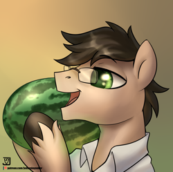 Size: 1896x1891 | Tagged: safe, artist:jedayskayvoker, oc, oc only, earth pony, pony, clothes, food, glasses, male, signature, solo, stallion, watermelon