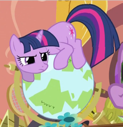 Size: 352x365 | Tagged: safe, screencap, spike, twilight sparkle, unicorn twilight, dragon, pony, unicorn, secret of my excess, behaving like a cat, cropped, cute, female, frown, glare, globe, golden oaks library, male, mare, prone, solo focus, twiabetes