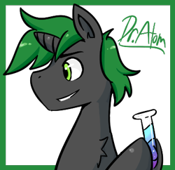 Size: 365x354 | Tagged: safe, artist:peachy-pudding, oc, oc:doctor atom, male, science, solo, stallion, test tube, text