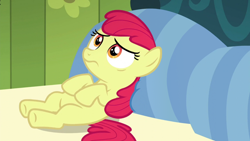 Size: 1280x720 | Tagged: safe, edit, edited screencap, editor:slayerbvc, screencap, apple bloom, earth pony, pony, bloom and gloom, accessory-less edit, bed, female, filly, missing accessory, on back, pillow, solo