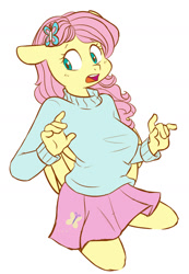 Size: 1280x1847 | Tagged: safe, artist:chub-wub, part of a set, fluttershy, anthro, pegasus, pony, clothes, cute, female, looking back, looking over shoulder, mare, miniskirt, open mouth, simple background, skirt, solo, startled, surprised, sweater, sweatershy, white background