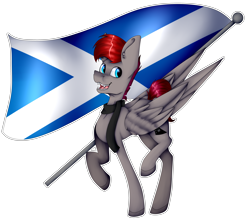 Size: 4055x3565 | Tagged: safe, artist:chazmazda, oc, oc only, pegasus, pony, clothes, commission, commissions open, cutie mark, digital art, flag, fullbody, happy, highlights, scarf, scotland, shade, shading, simple background, solo, teeth, transparent background, wings, your character here