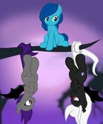 Size: 1900x2300 | Tagged: safe, artist:succubi samus, oc, oc only, oc:cerulean circuit, oc:midnight ruby, oc:sonar, bat pony, pegasus, bat pony oc, bat wings, behaving like a bat, commission, night, silly, tree branch, upside down, wings