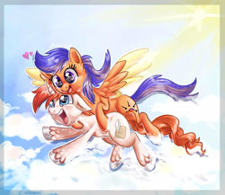 Size: 1927x1675 | Tagged: safe, artist:avui, oc, oc only, oc:unknown, earth pony, pegasus, pony, couple, flying