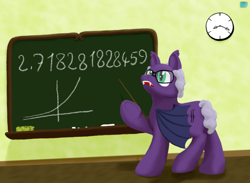 Size: 730x535 | Tagged: safe, artist:quint-t-w, oc, oc only, bat pony, pony, bat pony oc, chalk, chalkboard, clock, e, ear tufts, euler's number, fangs, glasses, graph, hoof hold, looking back, male, math, math joke, old art, open mouth, pointer, pun, puns in the comments, solo, stallion, underhoof, visual pun