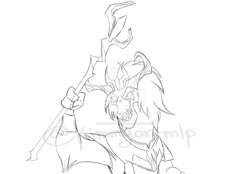 Size: 1024x713 | Tagged: safe, storm king, yeti, my little pony: the movie, antagonist, armor, crown, deviantart watermark, drawing, evil, evil grin, fangs, grin, horns, jewelry, looking at you, obtrusive watermark, pencil drawing, regalia, signature, simple background, sketch, smiling, solo, staff, staff of sacanas, storm king's emblem, traditional art, watermark, white background