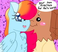 Size: 4500x4000 | Tagged: safe, artist:crazysketch101, oc, oc:crazy looncrest, oc:paper bag, earth pony, pegasus, pony, abstract background, blush sticker, blushing, chest fluff, commission, female, mare, misspelling of you're, starry eyes, wingding eyes, ych result