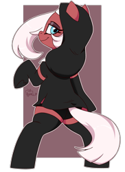 Size: 1600x2200 | Tagged: safe, artist:notenoughapples, oc, oc only, oc:mother pravum, earth pony, pony, bipedal, black underwear, clothes, female, habit, looking at you, looking back, looking back at you, looking over shoulder, mare, nun, panties, rear view, simple background, smiling, smiling at you, socks, solo, thigh highs, transparent background, underwear, white outline
