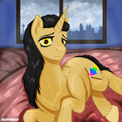 Size: 2500x2500 | Tagged: safe, artist:raeverran, oc, oc:rushy, unicorn, bed, female, lying on bed, mare, morning ponies, solo
