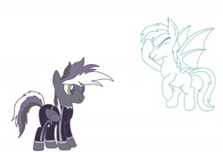 Size: 1456x994 | Tagged: safe, artist:cosmiceclipsed, derpibooru exclusive, oc, oc only, oc:silver eclipse, oc:zipper, bat pony, pegasus, pony, annoyed, bat pony oc, bat wings, ear fluff, facehoof, fangs, flying, male, membranous wings, muted color, pegasus oc, pegasus wings, simple background, stallion, tracksuit, wings