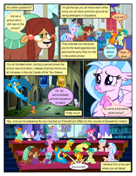 Size: 612x792 | Tagged: safe, artist:newbiespud, edit, edited screencap, screencap, auburn vision, berry blend, berry bliss, bifröst, citrine spark, cozy glow, fire quacker, gallus, huckleberry, november rain, ocellus, peppermint goldylinks, sandbar, silverstream, smolder, yona, changedling, changeling, classical hippogriff, dragon, earth pony, griffon, hippogriff, pegasus, pony, unicorn, yak, comic:friendship is dragons, background pony, background pony audience, book, bow, castle of the royal pony sisters, comic, dialogue, dragoness, female, filly, flying, friendship student, frown, hair bow, hands together, male, screencap comic, sitting, smiling, student six