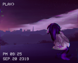 Size: 2474x2001 | Tagged: safe, artist:duop-qoub, twilight sparkle, twilight sparkle (alicorn), alicorn, pony, descended twilight, facing away, female, floppy ears, folded wings, immortality blues, mare, night, sad, scan lines, sitting, solo, timestamp, vhs, wings