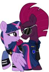 Size: 5992x8777 | Tagged: safe, alternate version, artist:ejlightning007arts, derpibooru exclusive, edit, fizzlepop berrytwist, tempest shadow, twilight sparkle, twilight sparkle (alicorn), alicorn, pony, unicorn, absurd resolution, broken horn, clothes, cosplay, costume, crossover, disney, female, horn, judy hopps, lesbian, nick wilde, police, police officer, police uniform, shipping, simple background, smiling, sunglasses, tempestlight, transparent background, zootopia