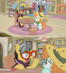Size: 1600x1780 | Tagged: safe, screencap, a.k. yearling, peach fuzz, pony, daring doubt, book, bookshelf, cape, carpet, chair, clothes, foal, glasses, hat, library, pen, pith helmet, rug, shelf, shirt, sign, stool