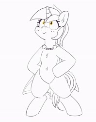 Size: 2786x3515 | Tagged: safe, artist:pabbley, lyra heartstrings, pony, unicorn, belly button, bipedal, cape, clothes, female, mare, monochrome, neo noir, partial color, shrunken pupils, simple background, smiling, solo, white background