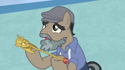 Size: 1920x1080 | Tagged: safe, edit, edited screencap, screencap, doctor caballeron, earth pony, pony, daring doubt, clothes, disguise, exploitable meme, fake beard, flat cap, george r.r. martin, groom q.q. martingale, hat, jacket, male, martingale, meme, newsboy hat, pretending, sad eyes, scepter, solo, stallion, twilight scepter, twilight scepter meme