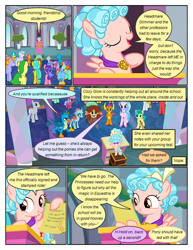 Size: 612x792 | Tagged: safe, artist:newbiespud, edit, edited screencap, screencap, auburn vision, berry blend, berry bliss, citrine spark, cozy glow, fire quacker, gallus, gooseberry, huckleberry, ocellus, peppermint goldylinks, sandbar, silverstream, slate sentiments, smolder, yona, changedling, changeling, classical hippogriff, dragon, earth pony, griffon, hippogriff, pegasus, pony, unicorn, yak, comic:friendship is dragons, background pony, background pony audience, comic, crossed arms, dialogue, dragoness, female, filly, friendship student, hoof hold, hooves to the chest, male, mare, screencap comic, scroll, smiling, stallion, student six, suspicious