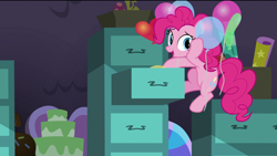 Size: 1920x1080 | Tagged: safe, derpibooru import, screencap, pinkie pie, earth pony, pony, the last problem, balloon, cake, female, file, file cabinet, food, happy, heart balloon, mare, party cave, smiling, solo, wrapping paper