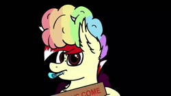 Size: 640x360 | Tagged: safe, artist:aaathebap, oc, oc:aaaaaaaaaaa, bat pony, pony, afro, anyway come to trotcon, bat pony oc, bat wings, male, multicolored hair, party horn, rainbow hair, simple background, solo, transparent background, trotcon, wings