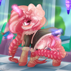 Size: 2795x2780 | Tagged: safe, artist:kindny-chan, oc, oc:sweet love, pony, unicorn, blushing, braid, braided tail, clothes, embarrassed, female, magic, maid, mare, solo