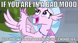 Size: 700x393 | Tagged: safe, edit, edited screencap, screencap, silverstream, hippogriff, school daze, bronybait, caption, chandelier (song), female, image macro, jewelry, meme, necklace, open mouth, solo, spread wings, text, wings
