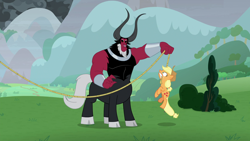 Size: 1920x1080 | Tagged: safe, derpibooru import, screencap, applejack, lord tirek, centaur, earth pony, pony, the ending of the end, annoyed, bush, cloven hooves, colored hooves, cowboy hat, female, hat, lasso, lifting, male, mare, mountain, mouth hold, nose piercing, nose ring, piercing, rope, tree, wide eyes