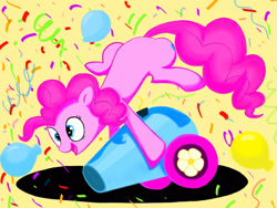 Size: 2048x1536 | Tagged: safe, artist:feather-red, artist:scoot0i0i08, pinkie pie, earth pony, pony, balloon, confetti, female, mare, open mouth, party cannon, simple background, smiling, solo