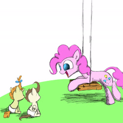 Size: 2048x2048 | Tagged: safe, artist:feather-red, artist:scoot0i0i08, pinkie pie, pound cake, pumpkin cake, earth pony, pegasus, pony, unicorn, colt, female, filly, foal, leaning, male, mare, open mouth, simple background, sitting, smiling, swing, white background