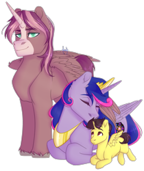 Size: 2537x3025 | Tagged: safe, artist:keeharn, oc, oc:king speedy hooves, oc:queen galaxia, oc:tommy the human, alicorn, pony, alicorn oc, alicorn princess, blank flank, calm, child, colt, commissioner:bigonionbean, cute, cutie mark, dawwww, family, father and child, father and son, female, fusion, fusion:king speedy hooves, fusion:queen galaxia, herd, husband and wife, jewelry, kissing, male, mare, mother and child, mother and son, nuzzling, parent and child, prone, proud, regalia, royalty, shy, stallion