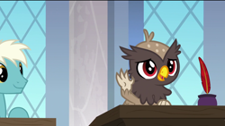 Size: 1920x1080 | Tagged: safe, screencap, earth pony, griffon, pony, the last problem, background griffon, background pony, chickub, desk, garrick, happy, male, quill, quill pen, raised arm, school of friendship, smiling, stallion, unnamed pony