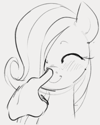 Size: 406x507 | Tagged: safe, artist:dotkwa, fluttershy, pegasus, pony, blushing, boop, cute, disembodied hand, eyes closed, female, filly, filly fluttershy, hand, monochrome, shyabetes, simple background, smiling, white background, younger