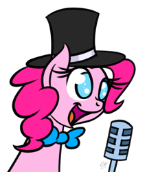 Size: 923x1080 | Tagged: safe, artist:muzza299, derpibooru import, pinkie pie, earth pony, pony, pinkie pride, bowtie, bust, cute, diapinkes, hat, make a wish, microphone, no pupils, open mouth, portrait, simple background, solo, top hat, transparent background