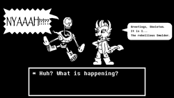 Size: 810x456 | Tagged: safe, artist:tarkan809, smolder, boots, clothes, dialogue, dialogue box, papyrus (undertale), parody of a parody, pixel art, scarf, shocked, shocked expression, shocked eyes, shoes, speech bubble, undertale