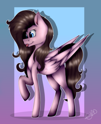 Size: 2800x3420 | Tagged: safe, artist:chazmazda, oc, pegasus, pony, :p, blue eyes, brown hair, commission, commissions open, curly, curly hair, digital art, feather, fullbody, gradient background, highlights, outline, shade, shading, shadow, shine, shiny, simple background, solo, tongue out
