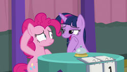 Size: 1920x1080 | Tagged: safe, screencap, pinkie pie, twilight sparkle, twilight sparkle (alicorn), alicorn, earth pony, pony, a trivial pursuit, bell, bossy, displeased, duo, female, frown, lidded eyes, looking at each other, mare, obsessed, ordering, raised hoof, shrunken pupils, sitting, team twipie, trivia trot, unfair