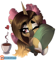 Size: 600x637 | Tagged: safe, artist:a-lunar-eclipse, oc, oc only, oc:warcry, unicorn, coffeee, patreon, patreon logo, pillow, simple background, solo, transparent background