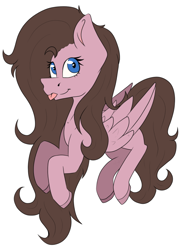 Size: 586x796 | Tagged: safe, artist:chazmazda, oc, oc only, pegasus, pony, :p, blue eyes, brown hair, colored, commission, commissions open, curly, curly hair, digital art, feather, flat colors, floating, folded wings, fully body, outline, shine, solo, tongue out, wings