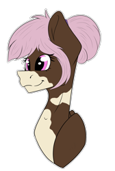 Size: 1284x1910 | Tagged: safe, artist:chazmazda, oc, oc only, pony, bun, bust, coat markings, colored, commission, commissions open, digital art, eye shine, flat colors, hair bun, happy, head shot, outline, pink eyes, pink hair, present, shine, simple background, smiling, solo, transparent background
