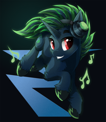 Size: 700x808 | Tagged: safe, artist:a-lunar-eclipse, oc, oc:kineticstorm, unicorn, headphones, horn, male, music notes, running, smiling, solo, stallion