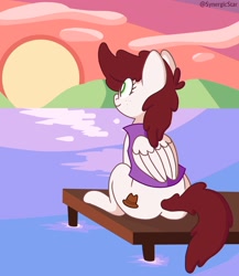 Size: 2600x3000 | Tagged: safe, artist:synergicstar, oc, oc only, oc:graph travel, pegasus, pony, clothes, cloud, female, freckles, mare, mountain, ocean, pier, sitting, smiling, solo, sunset, vest